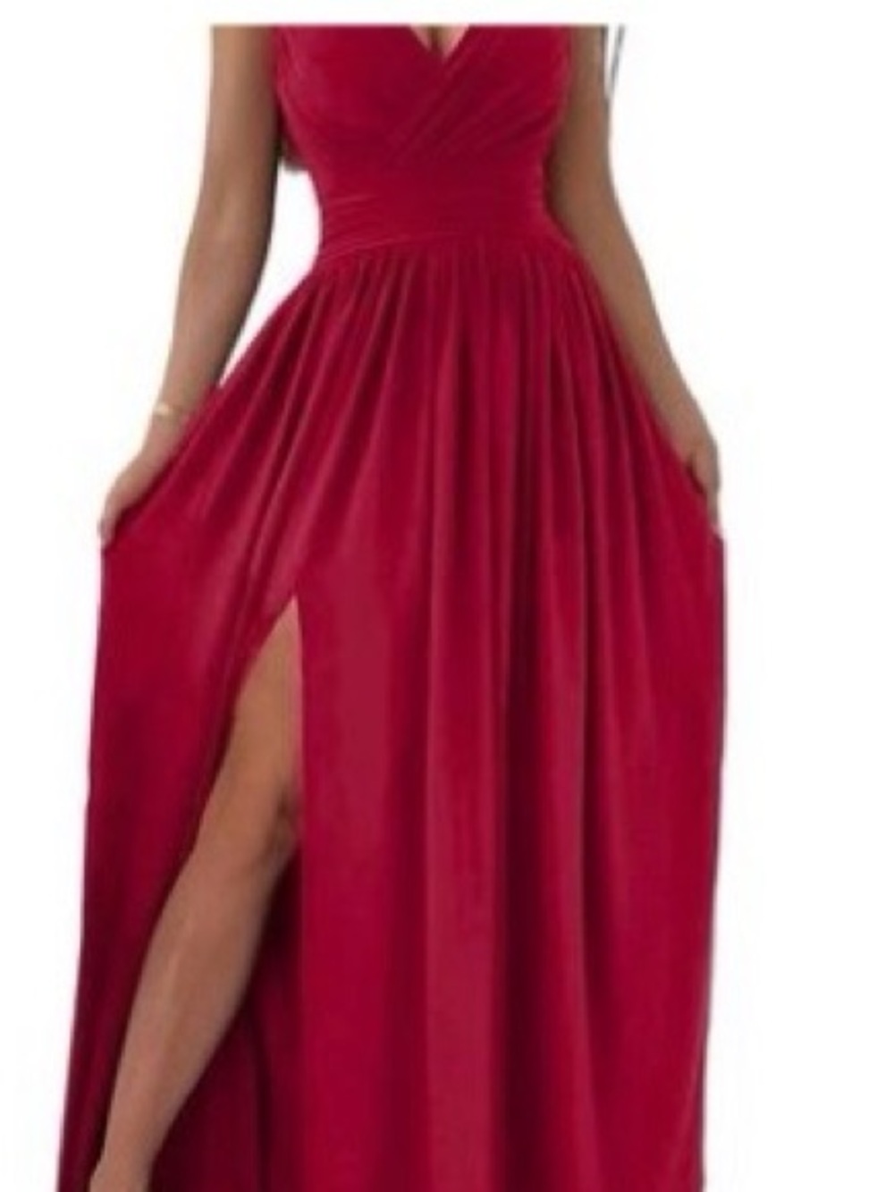 Sleeveless Red V-Neck Maxi Dress with Gathered Waist